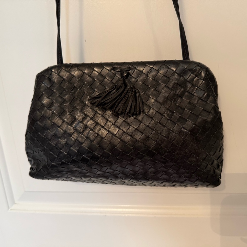MEYERS USA CROSSBODY BAG BLACK LEATHER WOVEN BASKET WEAVE VINTAGE KISSLOCK HINGE - Picture 2 of 16
